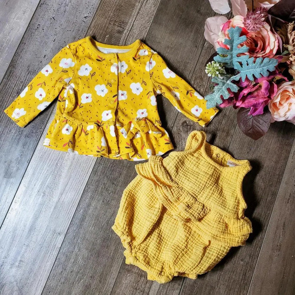Cat & Jack & Carter's Yellow Gauze Ruffle Romper w/ Floral Cardigan Sweater 0-3M - Picture 1 of 12